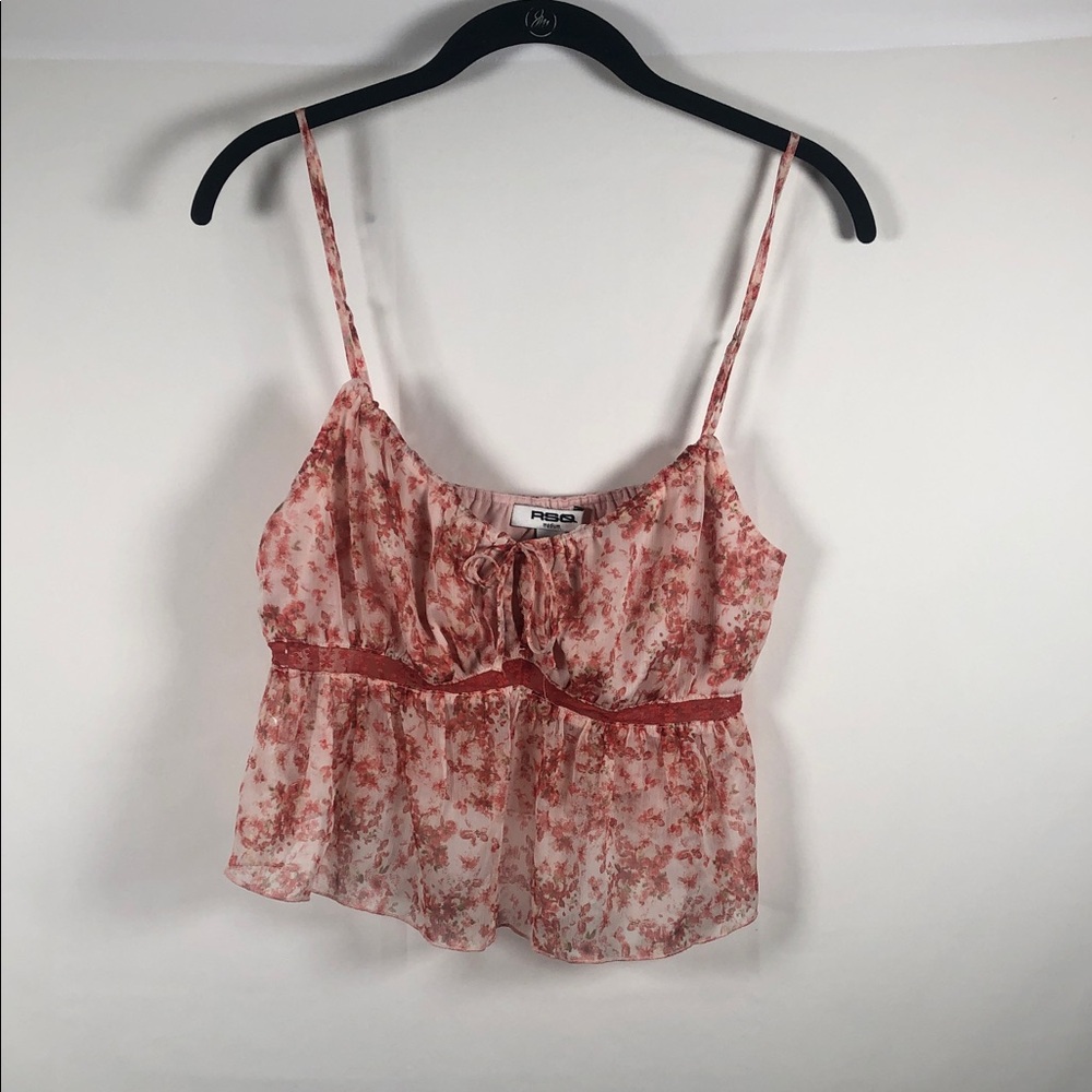 RSQ Dusty Rose Floral Fairy Festival Babydoll Lace lined Bow Sheer Cami Top